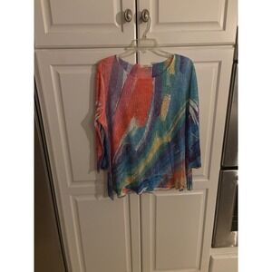 Jess & Jane Womens Large Abstract Print Mesh Knit Top 3/4‎ Sleeve Multi Color L